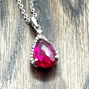 Ruby Pink Bezeled and Spinel Teardrop Pendant Necklace Sterling Silver 925